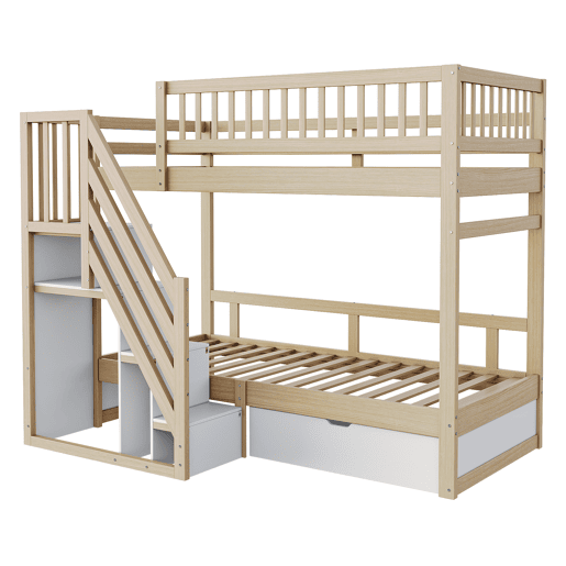 Cama alta em madeira 90*200 cm - Com grade de segurança alta, com estrado, escada com arrumação, com gavetas, cama infantil juvenil - Madeira natural e branca