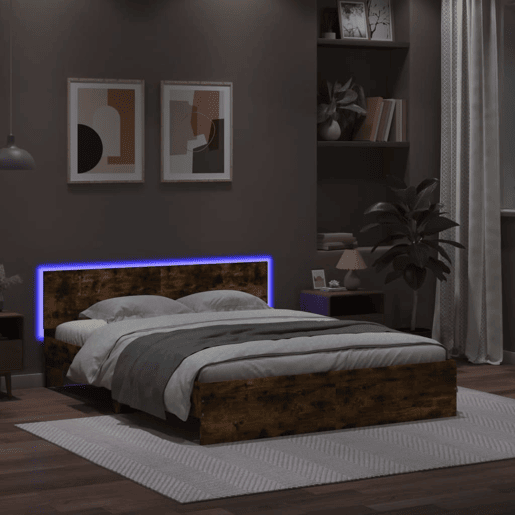 Estrutura Cama de casal simple c cabeceiraluzes LED 160x200cm carvalho fumado