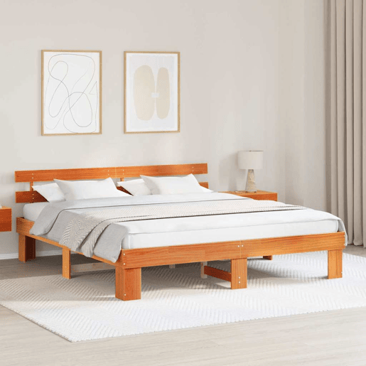 Estrutura de cama de casal simple com cabeceira - Marrom Cera 200 x 200 cm