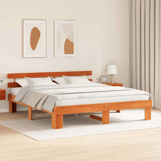 Estrutura de cama de casal simple com cabeceira - Marrom Cera 200 x 200 cm