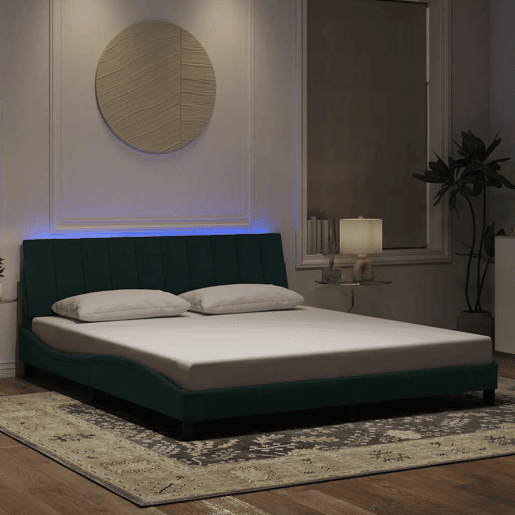 Estrutura de cama de casal moderno com LED - 180x200 cm veludo verde-escuro