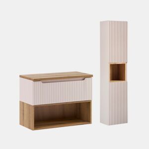 Conjunto móvel sob-lavatório 80cm e coluna Riva Caxemira e Madeira