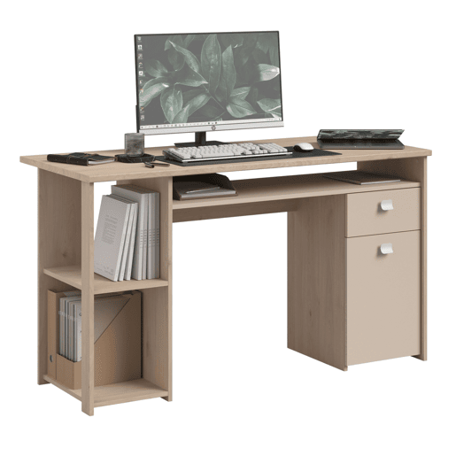 Mesa de computador Anello, mesa de escritório com 1 gaveta e 1 porta, carvalho Jackson e cashmere, 138 x 78 x 59 cm