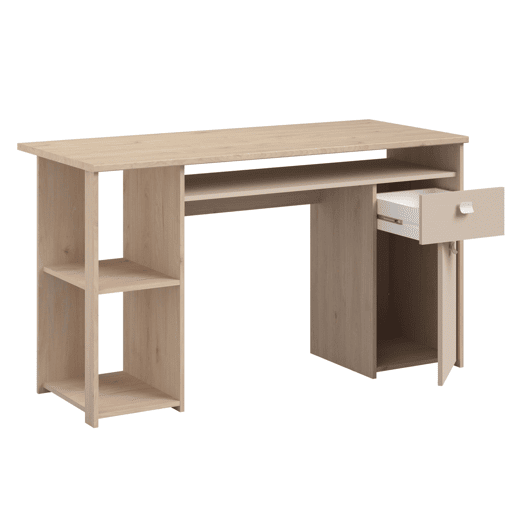 Mesa de computador Anello, mesa de escritório com 1 gaveta e 1 porta, carvalho Jackson e cashmere, 138 x 78 x 59 cm