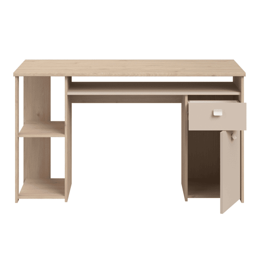 Mesa de computador Anello, mesa de escritório com 1 gaveta e 1 porta, carvalho Jackson e cashmere, 138 x 78 x 59 cm