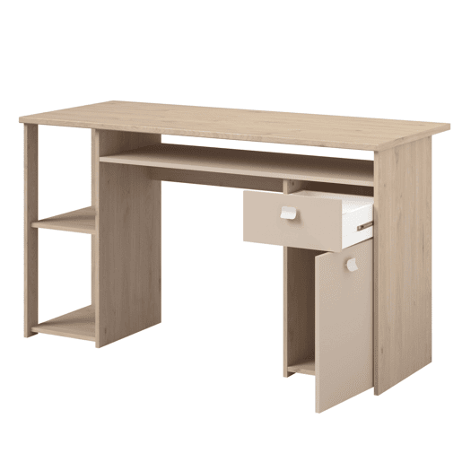 Mesa de computador Anello, mesa de escritório com 1 gaveta e 1 porta, carvalho Jackson e cashmere, 138 x 78 x 59 cm