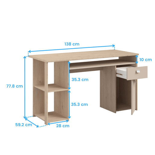 Mesa de computador Anello, mesa de escritório com 1 gaveta e 1 porta, carvalho Jackson e cashmere, 138 x 78 x 59 cm