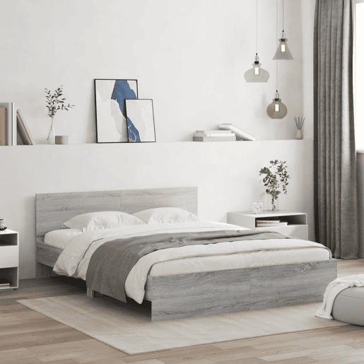 Estrutura de cama de casal c cabeceiraluzes LED - 160x200cm cinzento sonoma