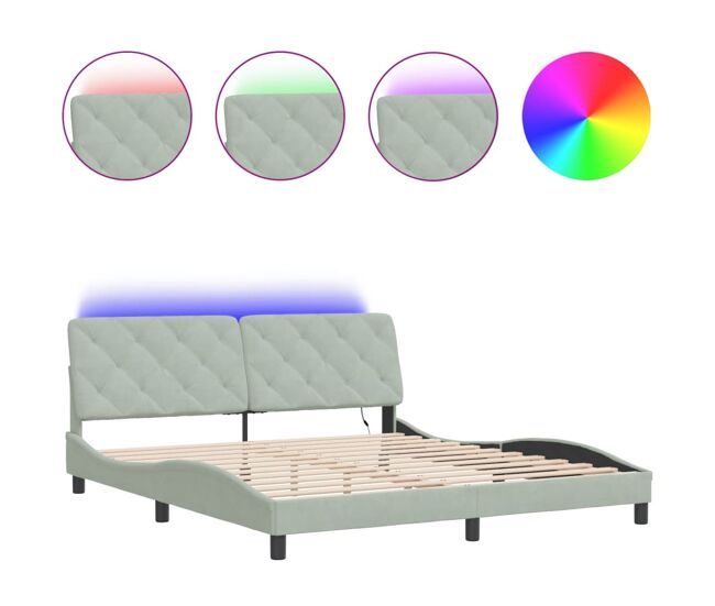 Estructura de cama doble matrimonial con led - terciopelo gris claro 180x200 cm