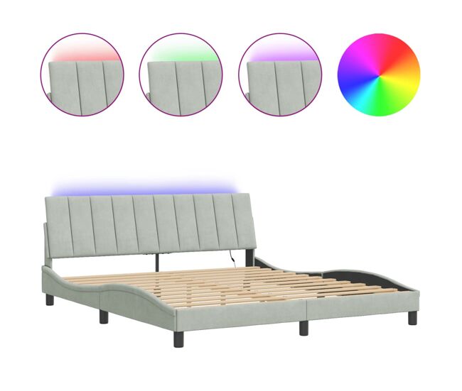 Estructura de cama doble matrimonial con led - terciopelo gris claro 180x200 cm