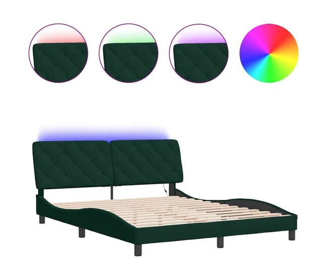 Estructura de cama doble matrimonial con led - terciopelo verde oscuro 160x200cm