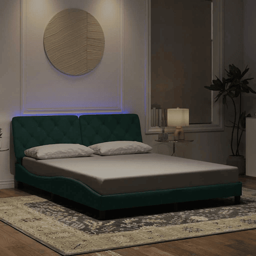 Estrutura de Cama de casal moderno com LED sem colchão 160x200 cm veludo verde-escuro