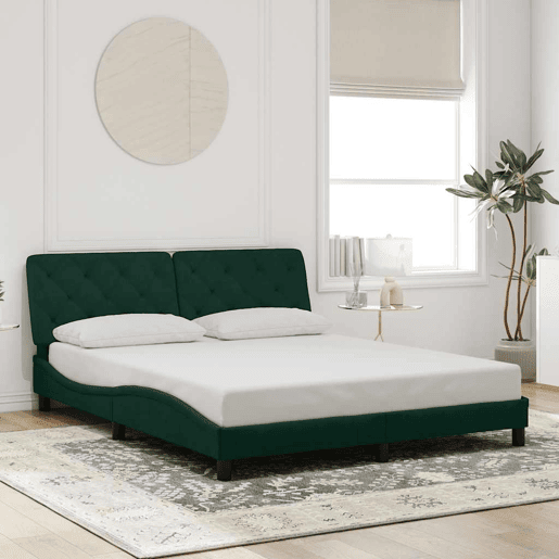 Estrutura de Cama de casal moderno com LED sem colchão 160x200 cm veludo verde-escuro