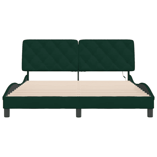 Estrutura de Cama de casal moderno com LED sem colchão 160x200 cm veludo verde-escuro