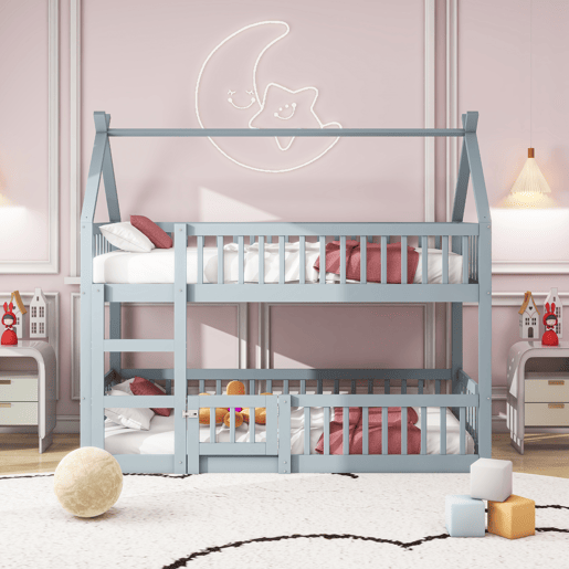 Beliche infantil 90x200 - Beliche com escada, design loft, estrutura em madeira maciça - Cinza