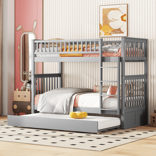 Beliche 2x90x200cm com cama de rodízio 90x190cm - com corrimão e escada - Cinzento