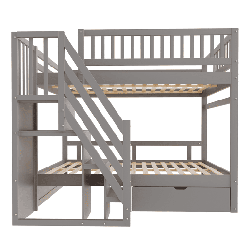 Cama beliche 140*200 cm - Com painel de segurança alto, com estrado, escada de segurança com arrumação, com gavetas de arrumação - Cinza