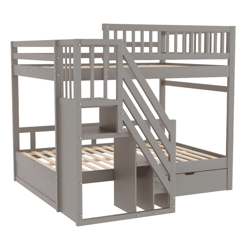 Cama beliche 140*200 cm - Com painel de segurança alto, com estrado, escada de segurança com arrumação, com gavetas de arrumação - Cinza