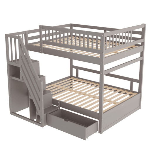 Cama beliche 140*200 cm - Com painel de segurança alto, com estrado, escada de segurança com arrumação, com gavetas de arrumação - Cinza