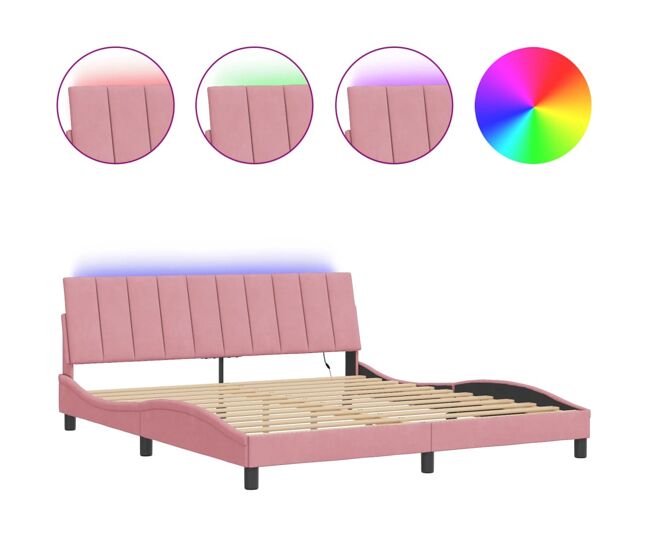 Estructura de cama doble matrimonial con led - terciopelo rosa 180x200 cm