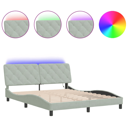 Estrutura de Cama de casal moderno com LED sem colchão 160x200 cm veludo cinzento-claro