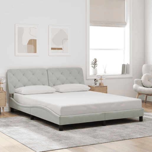 Estrutura de Cama de casal moderno com LED sem colchão 160x200 cm veludo cinzento-claro
