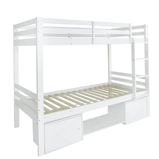 Beliche em pinho maciço 90x200 cm com móvel de arrumação e sapateira - pode ser dividido em 2 camas individuais - Branco Beliche em pinho maciço 90x200 cm com móvel de arrumação e sapateira - pode ser dividido em 2 camas individuais - Branco