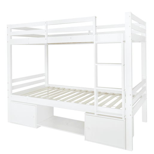 Beliche em pinho maciço 90x200 cm com móvel de arrumação e sapateira - pode ser dividido em 2 camas individuais - Branco Beliche em pinho maciço 90x200 cm com móvel de arrumação e sapateira - pode ser dividido em 2 camas individuais - Branco