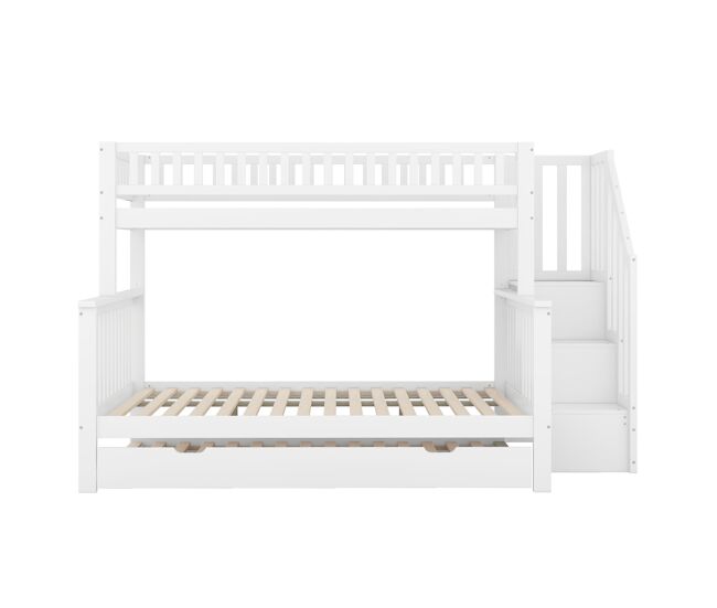 Litera de madera - 2x90x200cm + 140x200cm - con escalera de almacenamiento - blanco