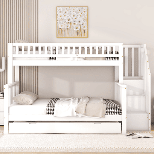 Beliche em madeira - 2x90x200cm + 140x200cm - com escada para arrumação - Branco