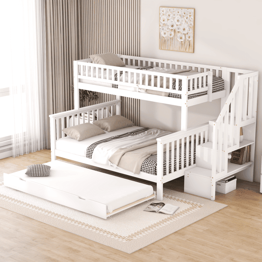 Beliche em madeira - 2x90x200cm + 140x200cm - com escada para arrumação - Branco