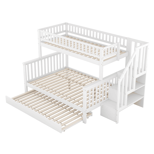 Beliche em madeira - 2x90x200cm + 140x200cm - com escada para arrumação - Branco