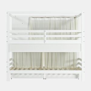 Beliche em madeira - 90x200 cm - com 2 gavetas e prateleiras - Branco e cor-de-rosa (com cortinas)