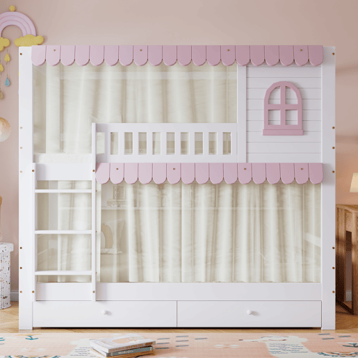 Beliche em madeira - 90x200 cm - com 2 gavetas e prateleiras - Branco e cor-de-rosa (com cortinas)