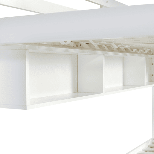 Beliche em madeira - 90x200 cm - com 2 gavetas e prateleiras - Branco e cor-de-rosa (com cortinas)