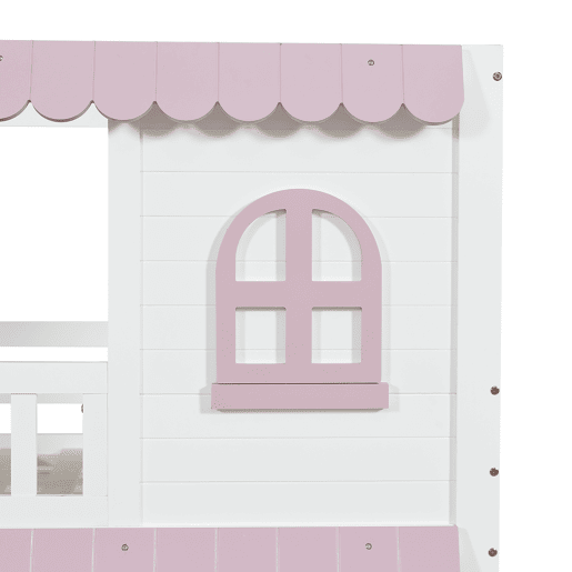 Beliche em madeira - 90x200 cm - com 2 gavetas e prateleiras - Branco e cor-de-rosa (com cortinas)