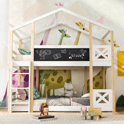 Cama infantil 90x200 cm - Cama tipo árvore com escada e 2x estrado - Natural e Branco