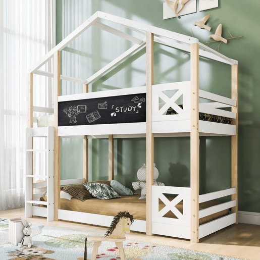 Cama infantil 90x200 cm - Cama tipo árvore com escada e 2x estrado - Natural e Branco
