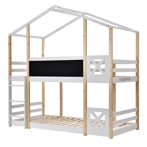 Cama infantil 90x200 cm - Cama tipo árvore com escada e 2x estrado - Natural e Branco