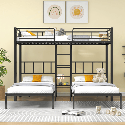 Beliche triplo 3x90x200cm com escada e tabuleiro - estrutura metálica - Preto