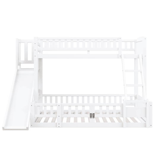 Cama beliche 90x200 cm e 140x200 cm - Corrimão, madeira de pinho, escorregador, escadas, En747, várias prateleiras, porta pequena extensível - Branco