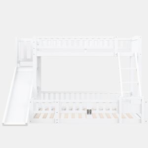 Cama beliche 90x200 cm e 140x200 cm - Corrimão, madeira de pinho, escorregador, escadas, En747, várias prateleiras, porta pequena extensível - Branco