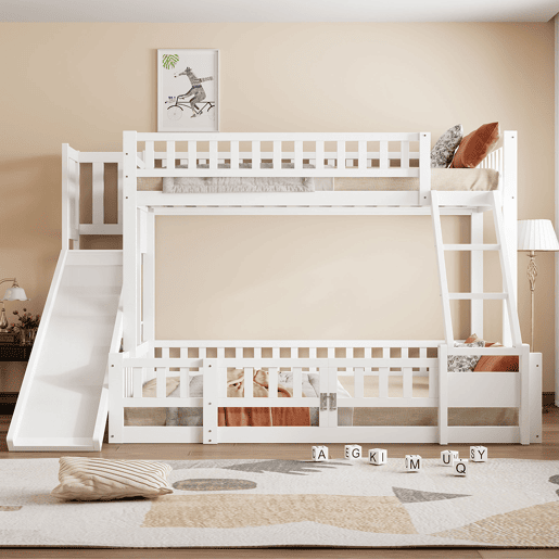 Cama beliche 90x200 cm e 140x200 cm - Corrimão, madeira de pinho, escorregador, escadas, En747, várias prateleiras, porta pequena extensível - Branco