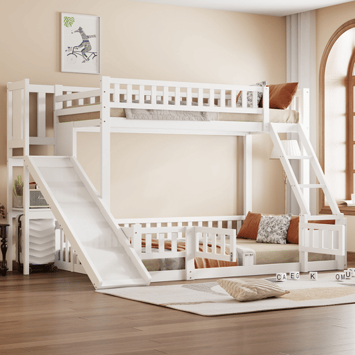 Cama beliche 90x200 cm e 140x200 cm - Corrimão, madeira de pinho, escorregador, escadas, En747, várias prateleiras, porta pequena extensível - Branco