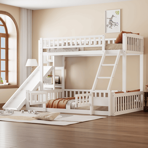 Cama beliche 90x200 cm e 140x200 cm - Corrimão, madeira de pinho, escorregador, escadas, En747, várias prateleiras, porta pequena extensível - Branco
