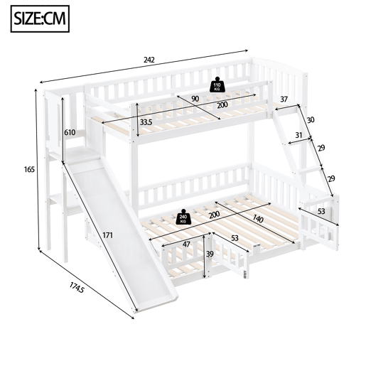 Cama beliche 90x200 cm e 140x200 cm - Corrimão, madeira de pinho, escorregador, escadas, En747, várias prateleiras, porta pequena extensível - Branco