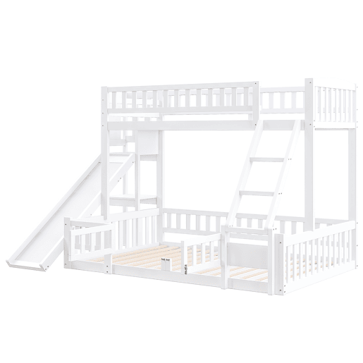 Cama beliche 90x200 cm e 140x200 cm - Corrimão, madeira de pinho, escorregador, escadas, En747, várias prateleiras, porta pequena extensível - Branco