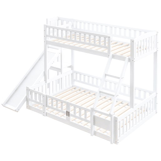 Cama beliche 90x200 cm e 140x200 cm - Corrimão, madeira de pinho, escorregador, escadas, En747, várias prateleiras, porta pequena extensível - Branco