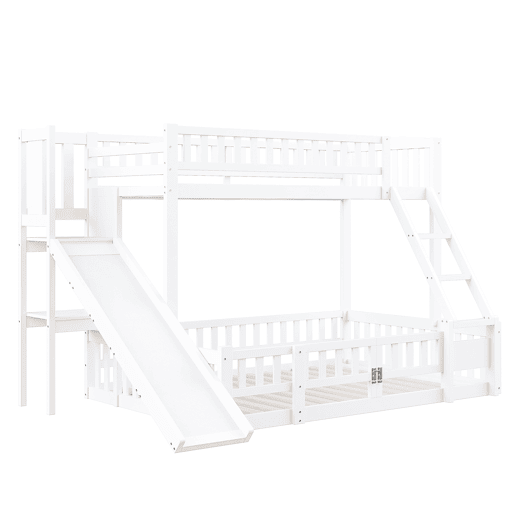 Cama beliche 90x200 cm e 140x200 cm - Corrimão, madeira de pinho, escorregador, escadas, En747, várias prateleiras, porta pequena extensível - Branco