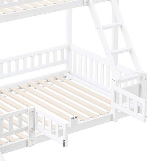 Cama beliche 90x200 cm e 140x200 cm - Corrimão, madeira de pinho, escorregador, escadas, En747, várias prateleiras, porta pequena extensível - Branco